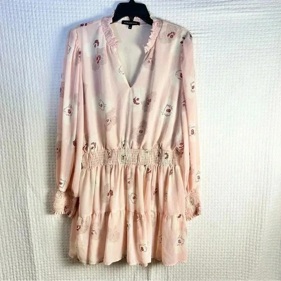 Gibson Look Dress Size XL Nasreen Smocked Tiered Floral Lined V-Neck Pink Peach - Picture 2 of 12